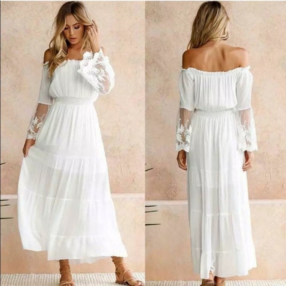 WHITE BOHO LACE MAXI DRESS WITH A BANDEAU NECK - LAST ONE! - Picture 8 of 9